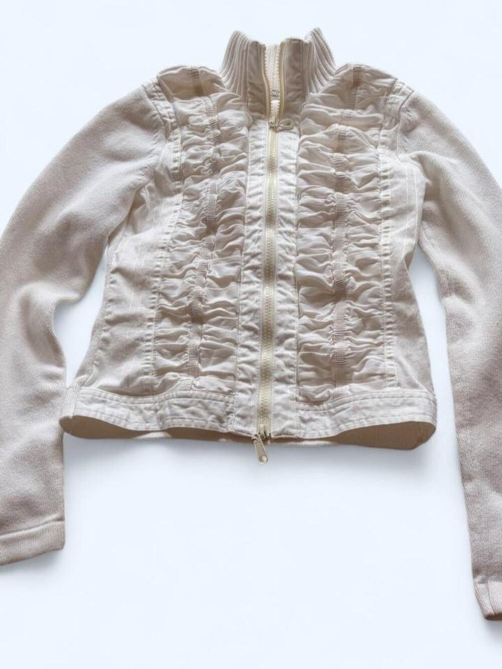 Vintage Pandemonium White Cotton Knit Ruched Zip-Up Jacket S